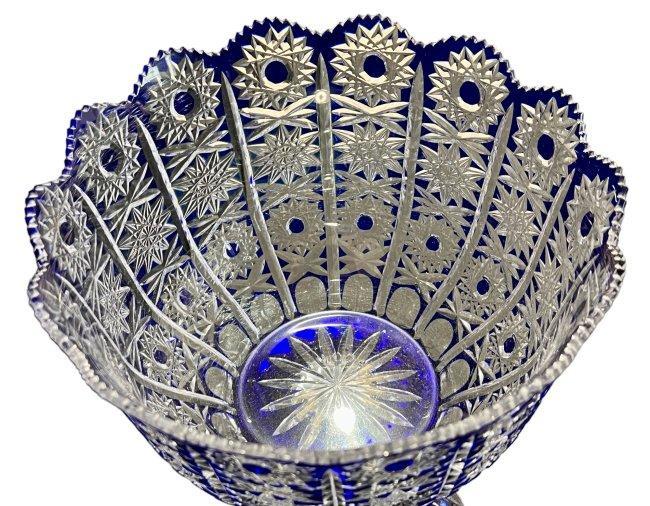 Hungarian Crystal Cobalt Cut to Clear Bohemian Crystal Queen Lace Pedestal Bowl