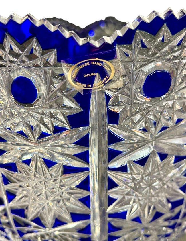 Hungarian Crystal Cobalt Cut to Clear Bohemian Crystal Queen Lace Pedestal Bowl