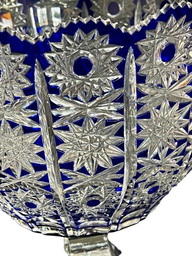 Hungarian Crystal Cobalt Cut to Clear Bohemian Crystal Queen Lace Pedestal Bowl