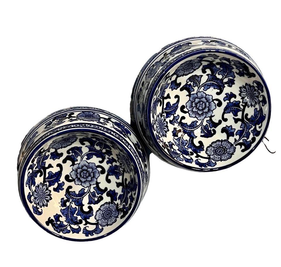 Pair of Chinoiserie Blue and White Ceramic Pet, Dog, Cat Feeding Bowls