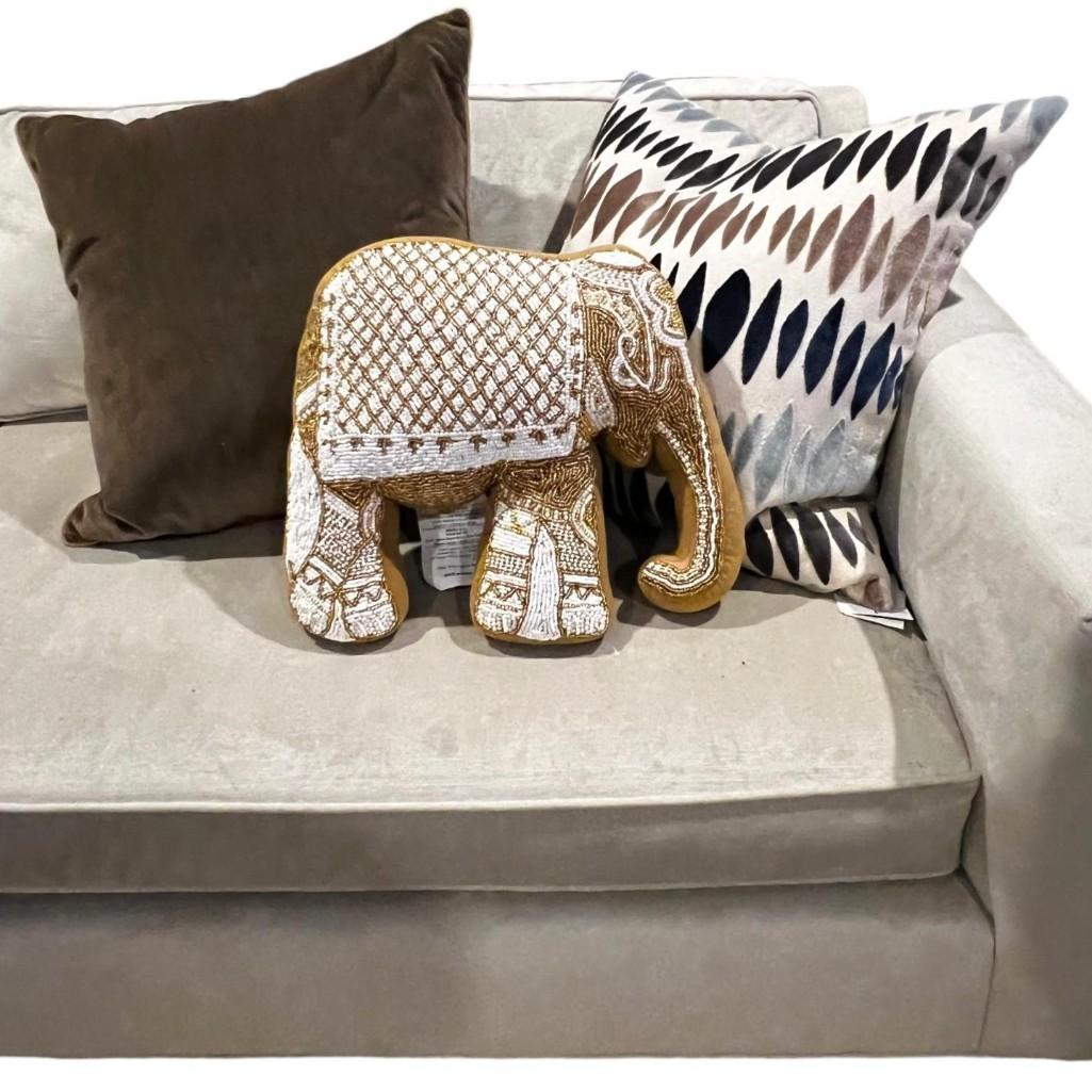 Mustard Velvet Elephant Hand-Beaded Embroidered Decorative Pillow