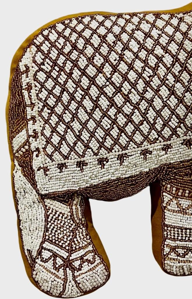 Mustard Velvet Elephant Hand-Beaded Embroidered Decorative Pillow