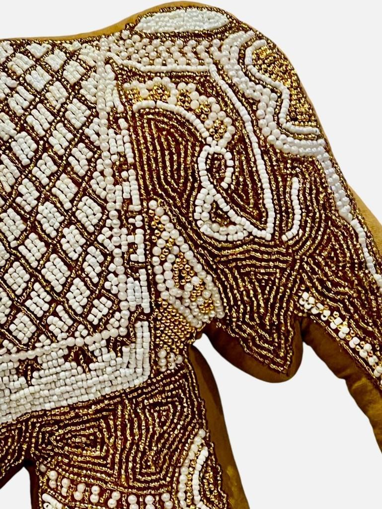 Mustard Velvet Elephant Hand-Beaded Embroidered Decorative Pillow