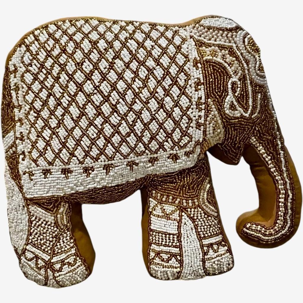 Mustard Velvet Elephant Hand-Beaded Embroidered Decorative Pillow