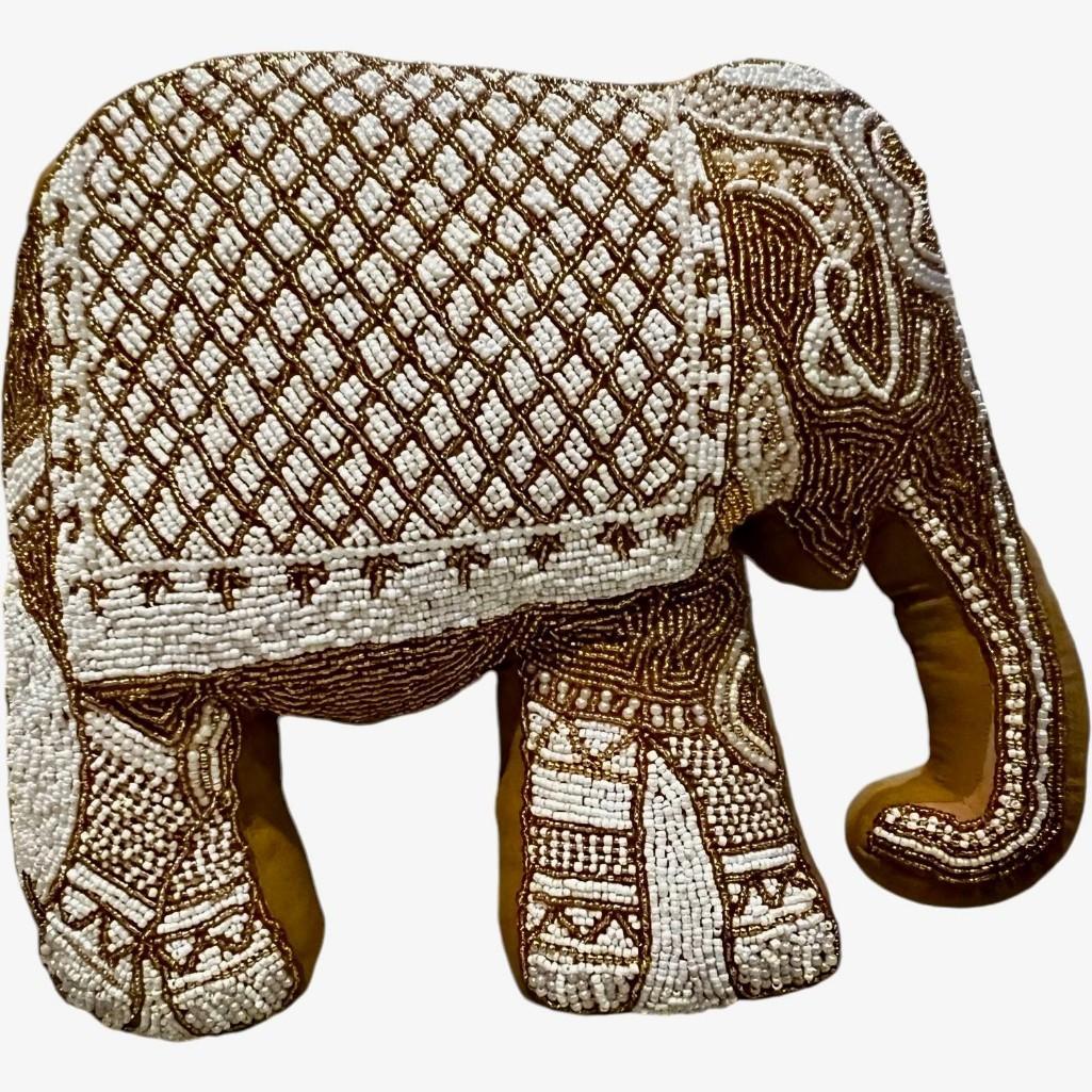Mustard Velvet Elephant Hand-Beaded Embroidered Decorative Pillow