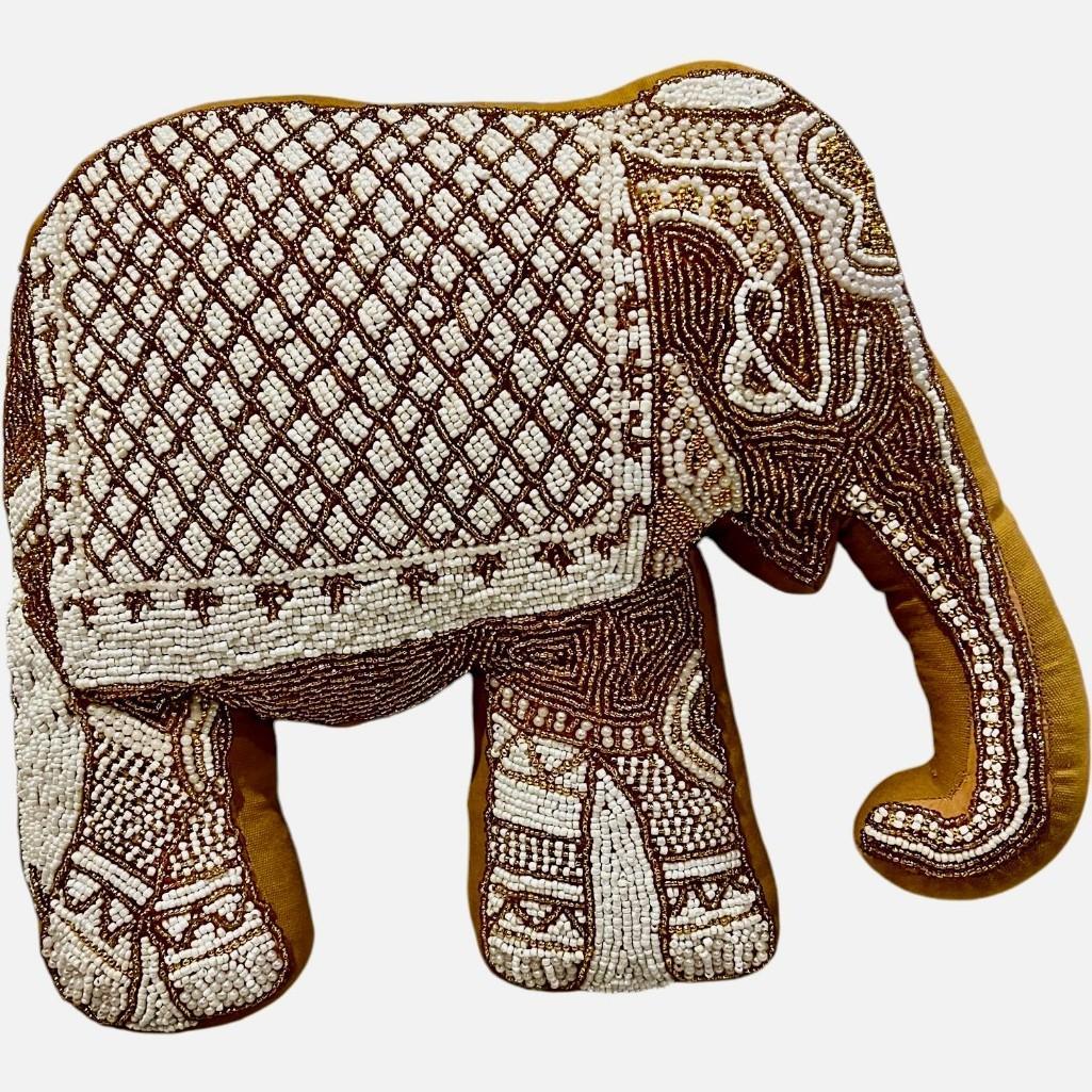 Mustard Velvet Elephant Hand-Beaded Embroidered Decorative Pillow