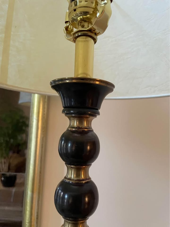 Chapman & Myers Fang Gourd Table Lamp in Antique-Burnished Brass with Linen Shade W18" x H27"