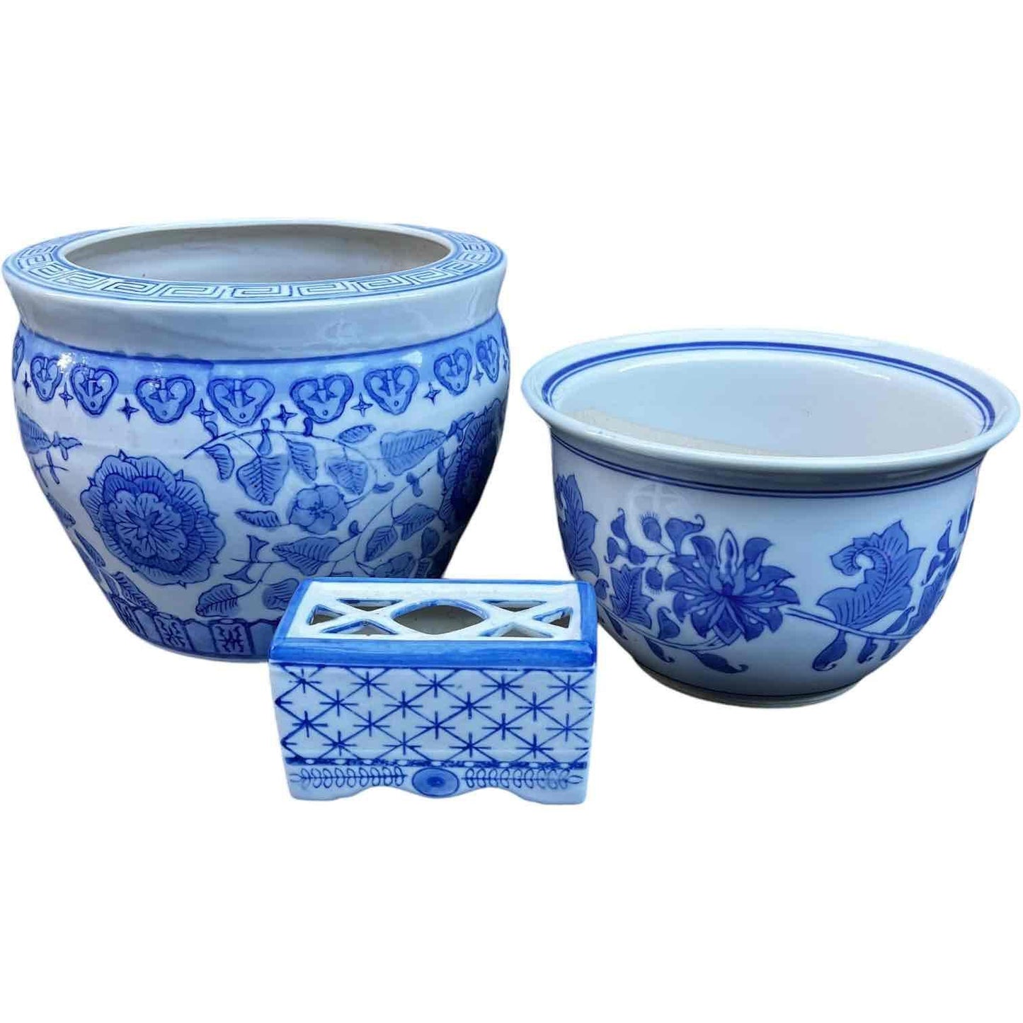 Grouping of 3 Blue and White Chinoiserie Planters