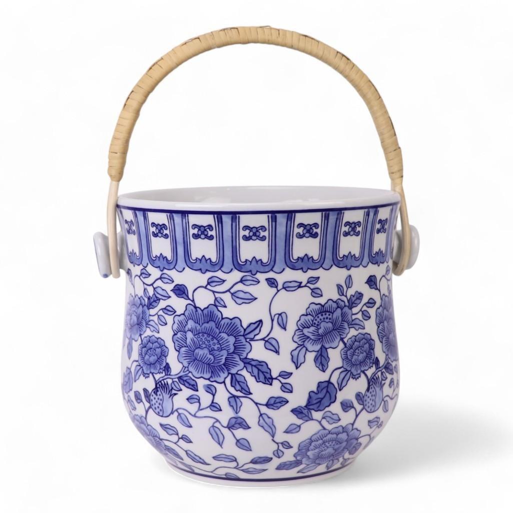 Chinese Hand-Painted Porcelain Blue and White Chinoiserie Motif Rattan Handle Champagne Wine or Ice Bucket by Trunky Fresh