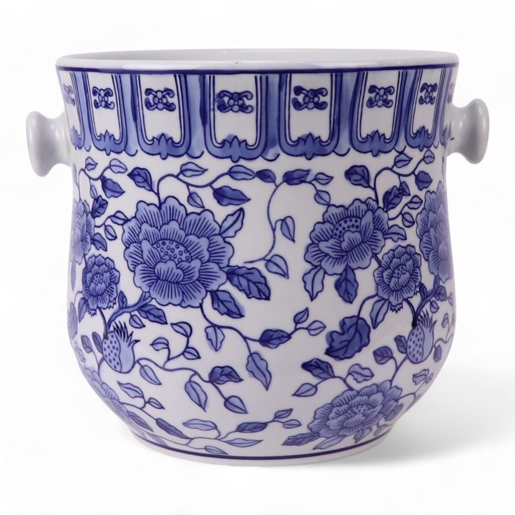 Chinese Hand-Painted Porcelain Blue and White Chinoiserie Motif Rattan Handle Champagne Wine or Ice Bucket by Trunky Fresh