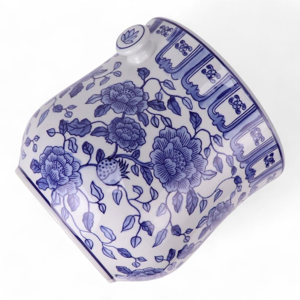 Chinese Hand-Painted Porcelain Blue and White Chinoiserie Motif Rattan Handle Champagne Wine or Ice Bucket by Trunky Fresh