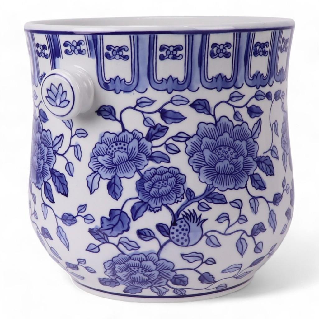 Chinese Hand-Painted Porcelain Blue and White Chinoiserie Motif Rattan Handle Champagne Wine or Ice Bucket by Trunky Fresh
