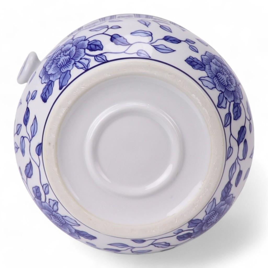 Chinese Hand-Painted Porcelain Blue and White Chinoiserie Motif Rattan Handle Champagne Wine or Ice Bucket by Trunky Fresh