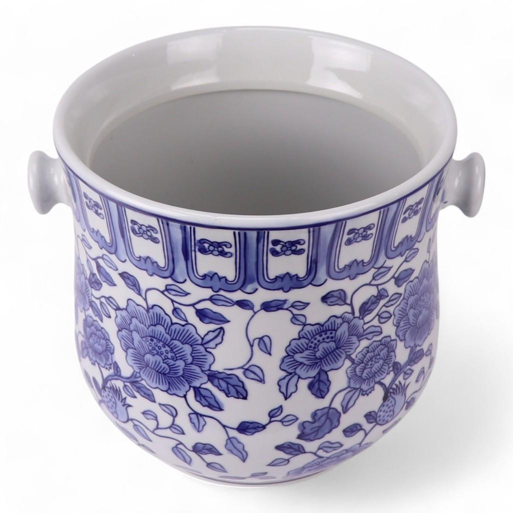 Chinese Hand-Painted Porcelain Blue and White Chinoiserie Motif Rattan Handle Champagne Wine or Ice Bucket by Trunky Fresh