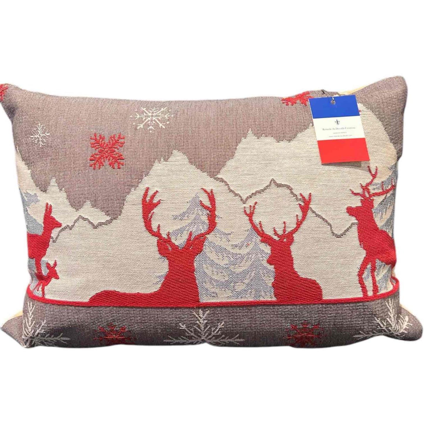 Luxury Tapestry Lumbar Pillow by Rolande Du Dreuilh French Designer - Nude Reindeer Motif, Christmas Decorative Pillow