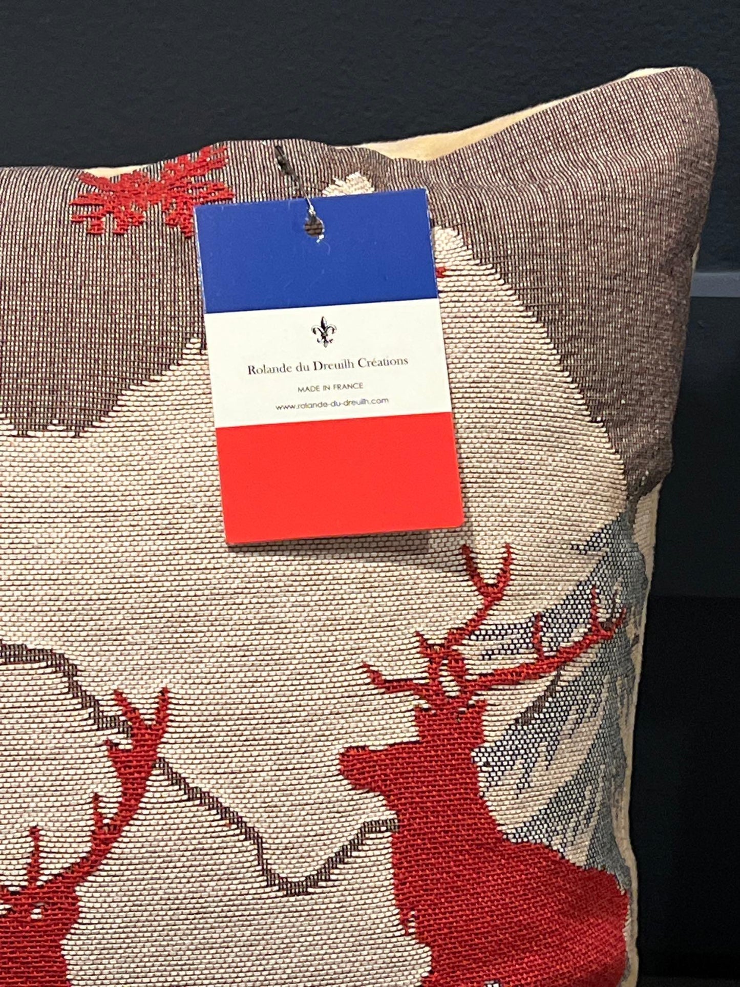 Luxury Tapestry Lumbar Pillow by Rolande Du Dreuilh French Designer - Nude Reindeer Motif, Christmas Decorative Pillow