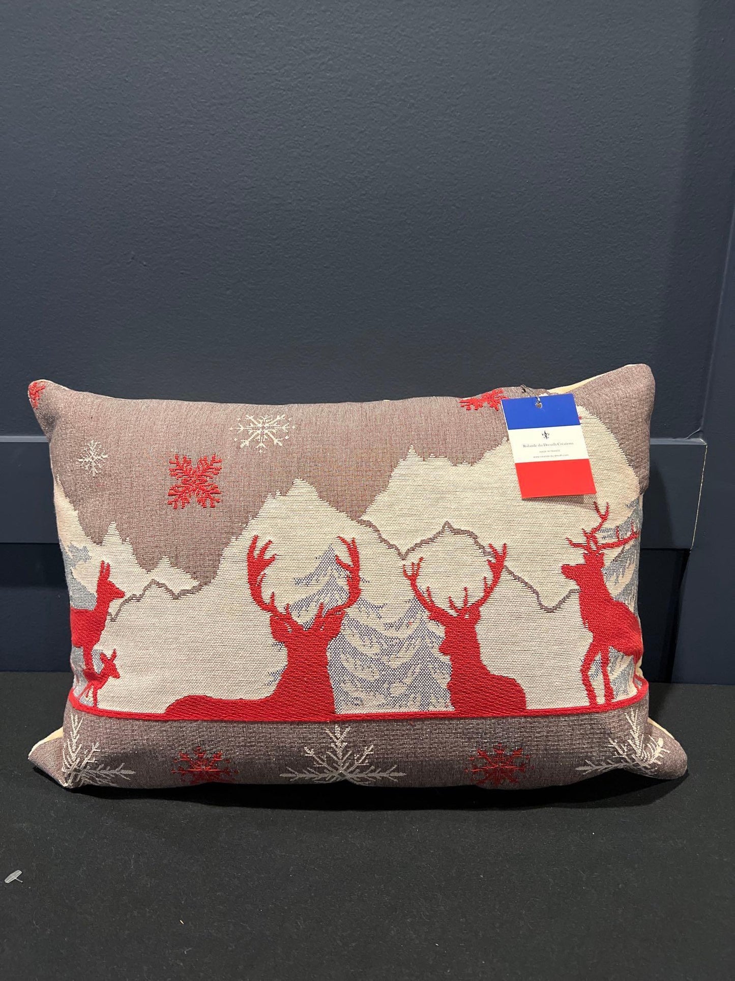 Luxury Tapestry Lumbar Pillow by Rolande Du Dreuilh French Designer - Nude Reindeer Motif, Christmas Decorative Pillow