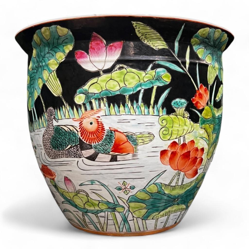 Vintage Hand Painted Black Porcelain Planter, Vase, Fish Bowl