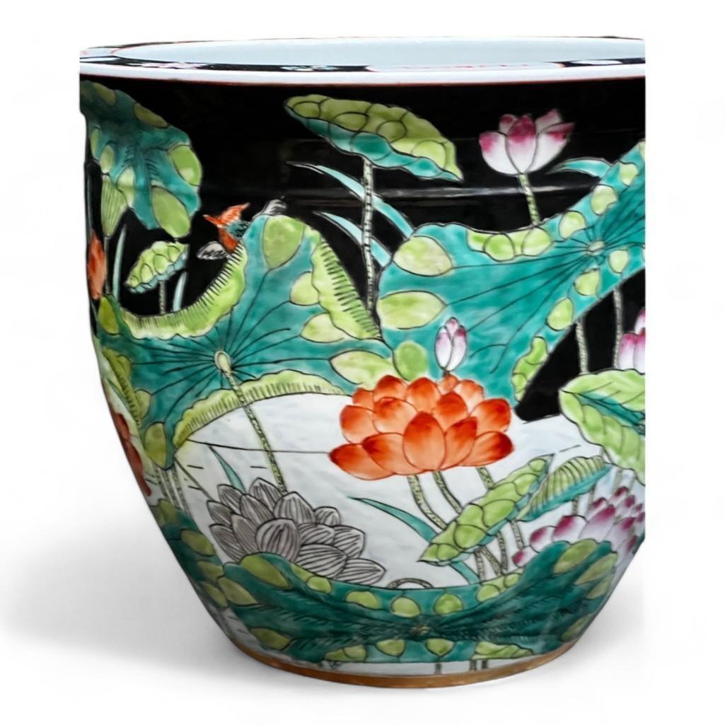 Vintage Hand Painted Black Porcelain Planter, Vase, Fish Bowl