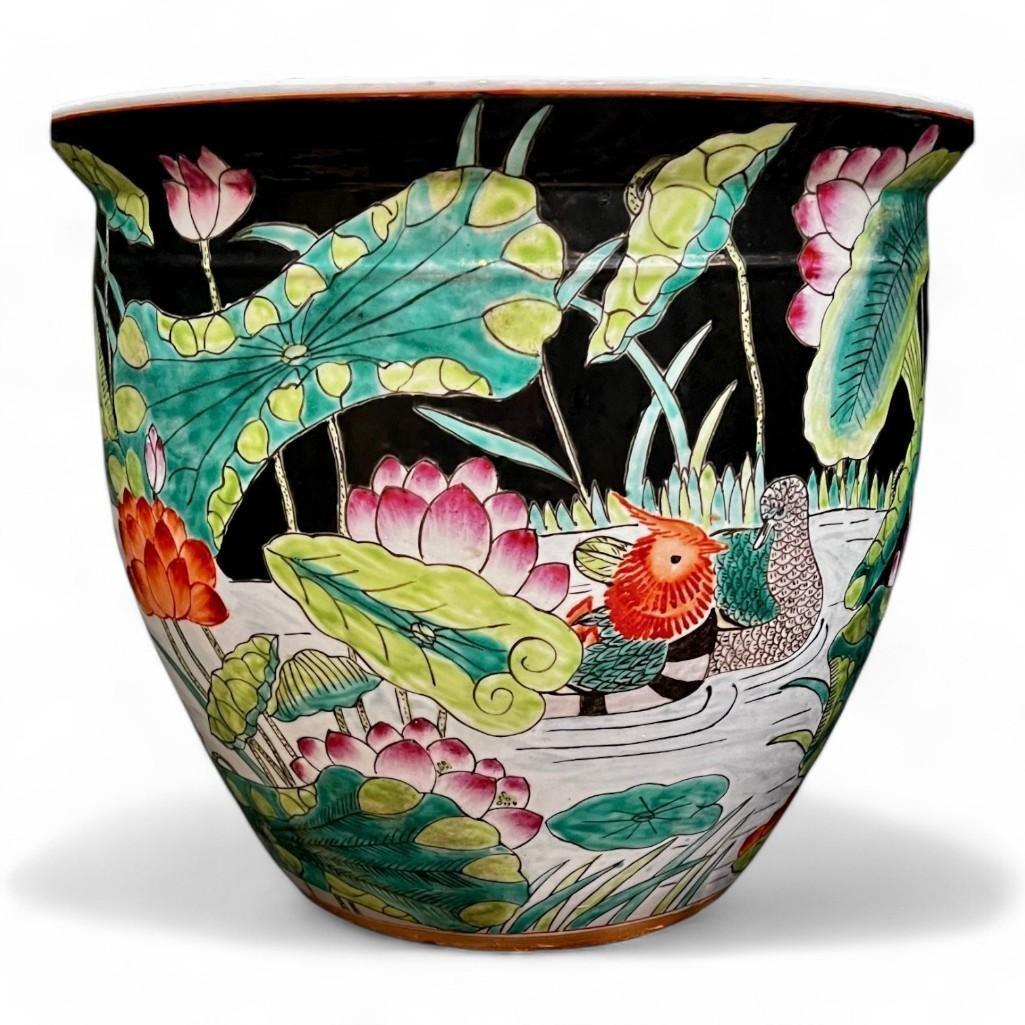Vintage Hand Painted Black Porcelain Planter, Vase, Fish Bowl