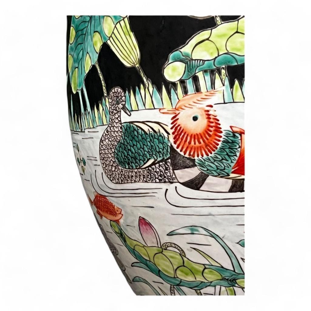 Vintage Hand Painted Black Porcelain Planter, Vase, Fish Bowl