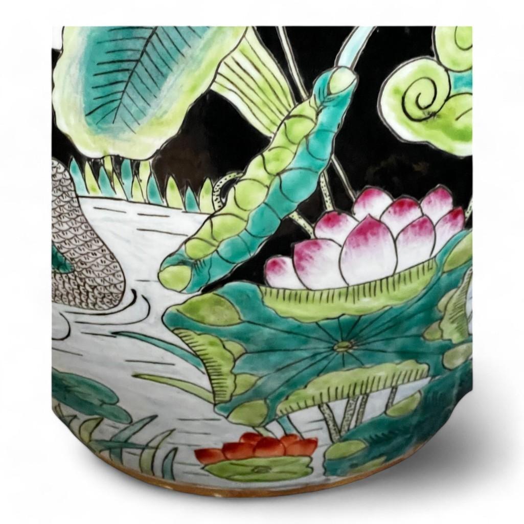 Vintage Hand Painted Black Porcelain Planter, Vase, Fish Bowl