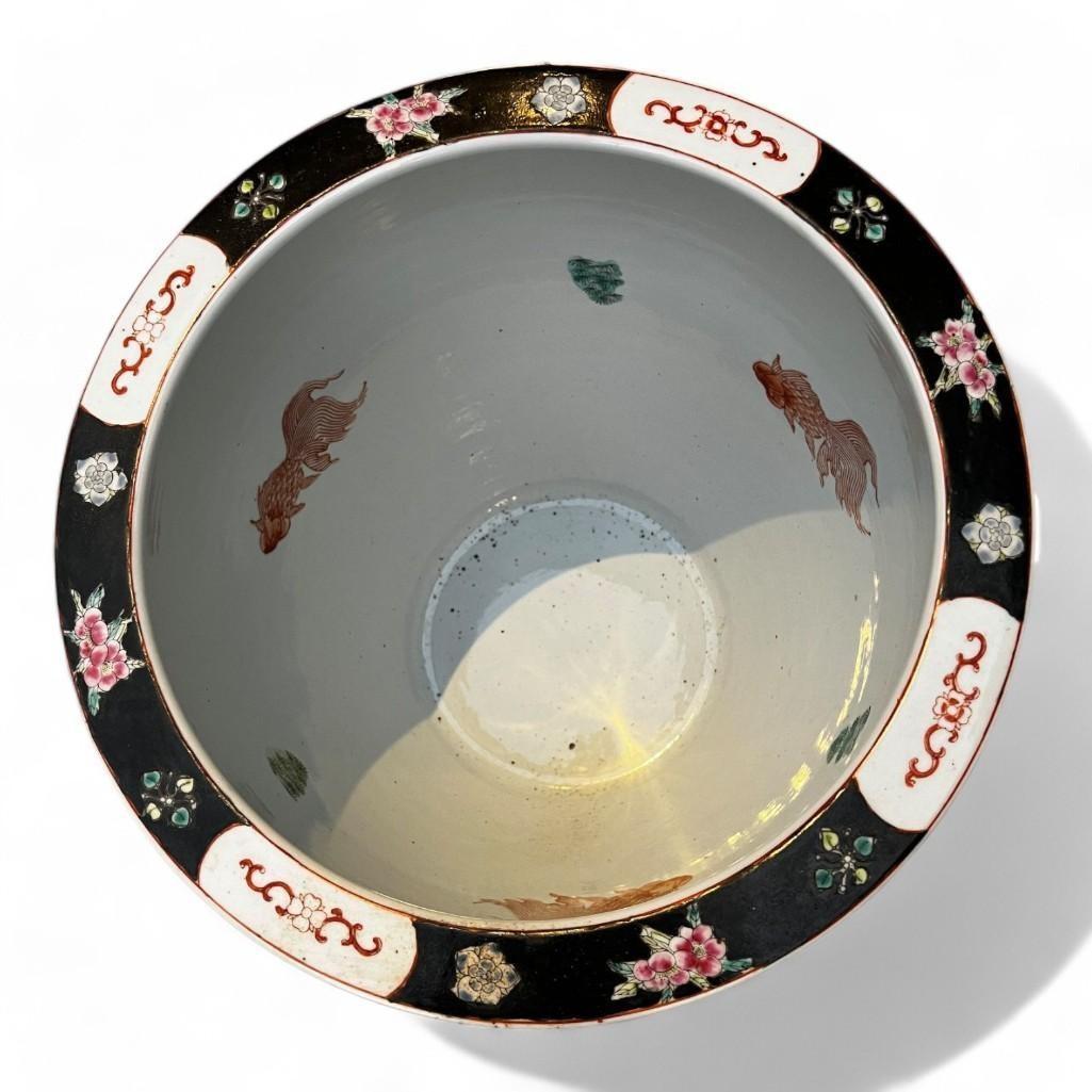 Vintage Hand Painted Black Porcelain Planter, Vase, Fish Bowl