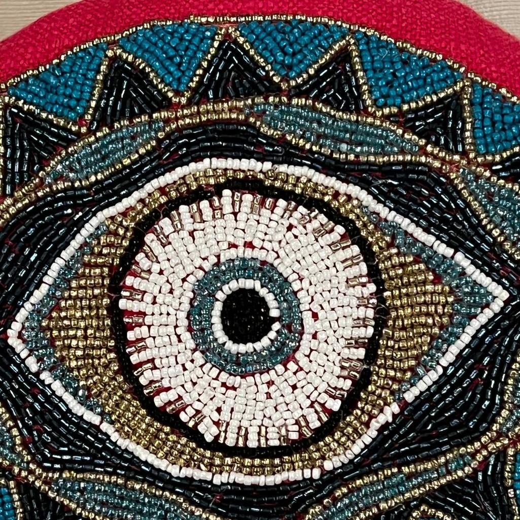Evil Eye Motif Velvet Hand beaded Accent Decorative Pillow