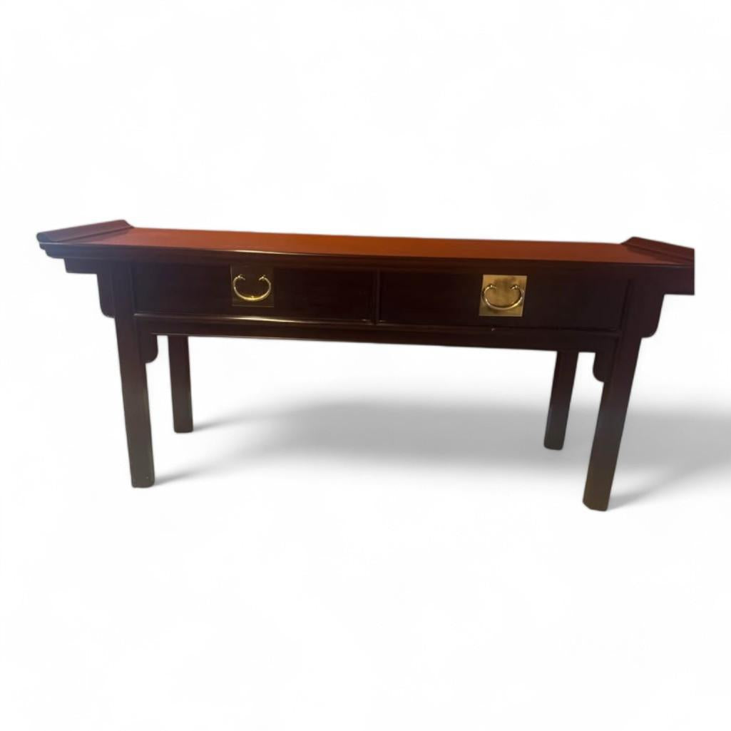Mid 20th Century Century Chinoiserie Chinese Brown Lacquered Ebonized Low Console Sofa Table