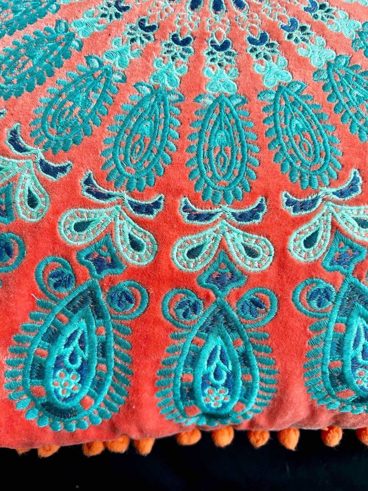 Pair of Boho Accent Pillows Paisley Embroidered Velvet Orange and teal embroidery