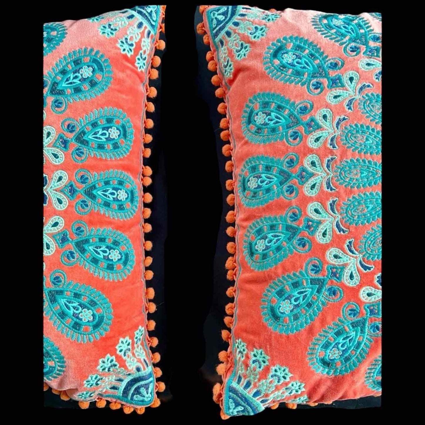 Pair of Boho Accent Pillows Paisley Embroidered Velvet Orange and teal embroidery