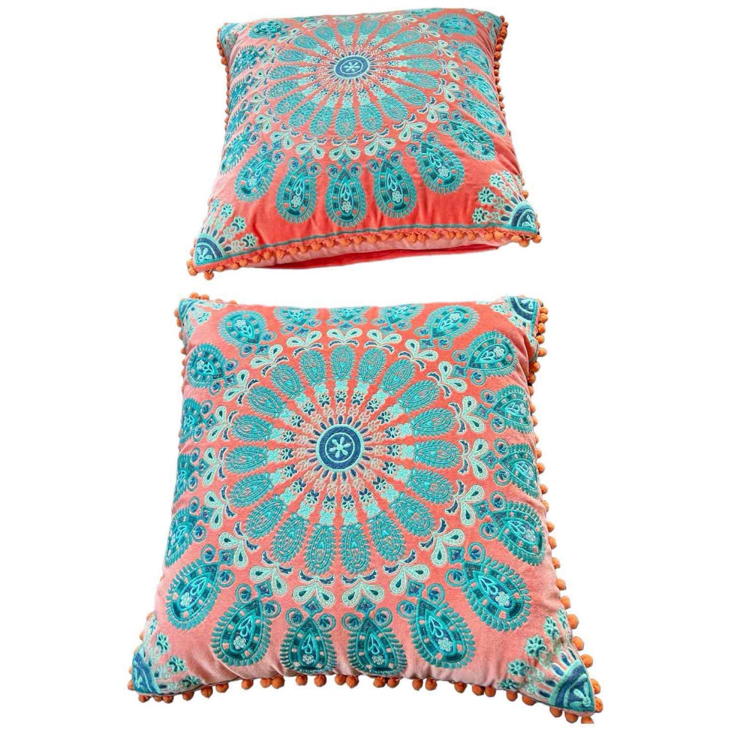 Pair of Boho Accent Pillows Paisley Embroidered Velvet Orange and teal embroidery