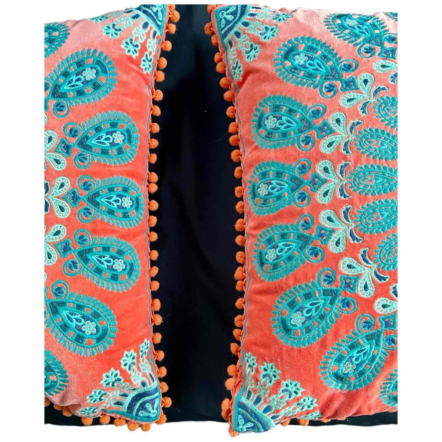 Pair of Boho Accent Pillows Paisley Embroidered Velvet Orange and teal embroidery