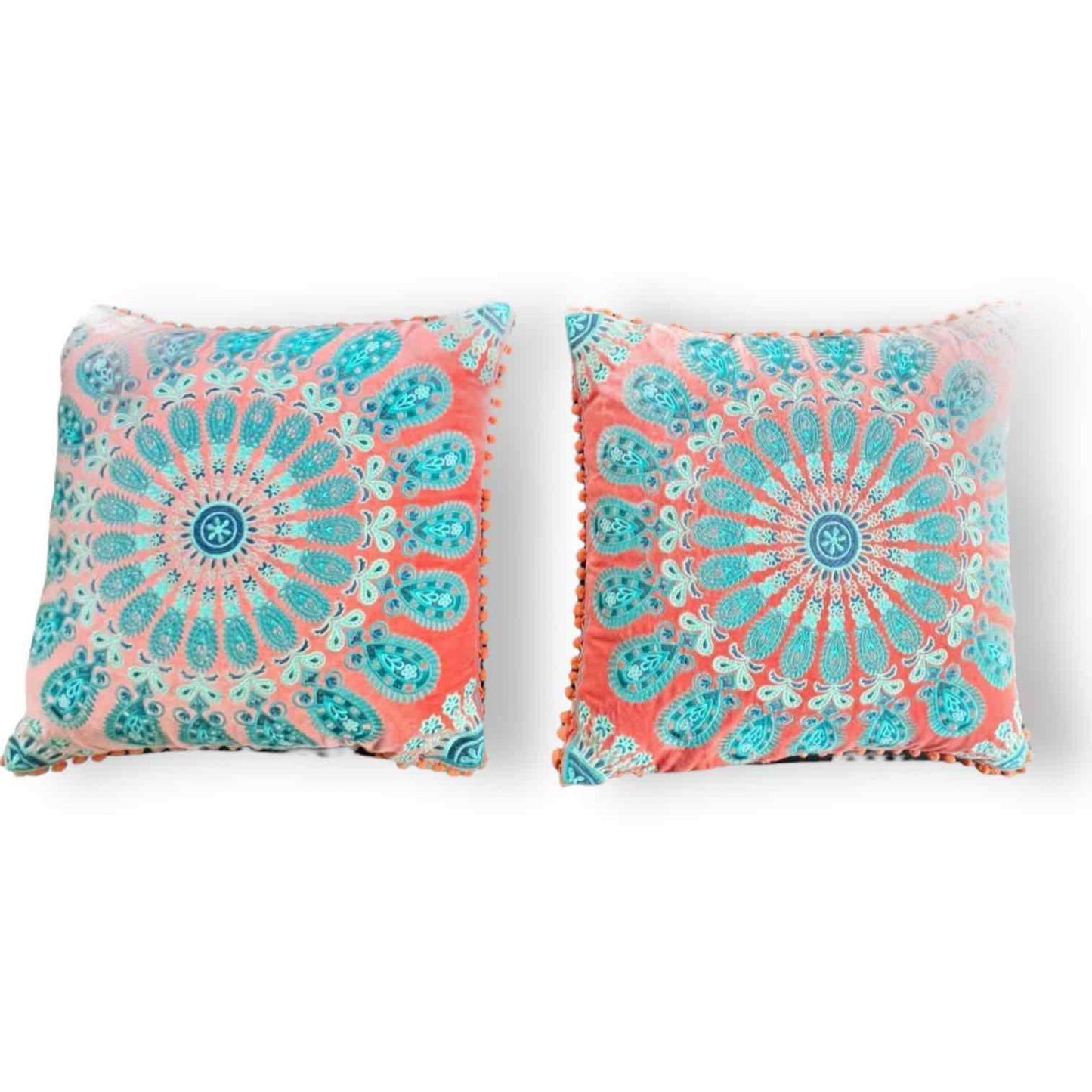 Pair of Boho Accent Pillows Paisley Embroidered Velvet Orange and teal embroidery