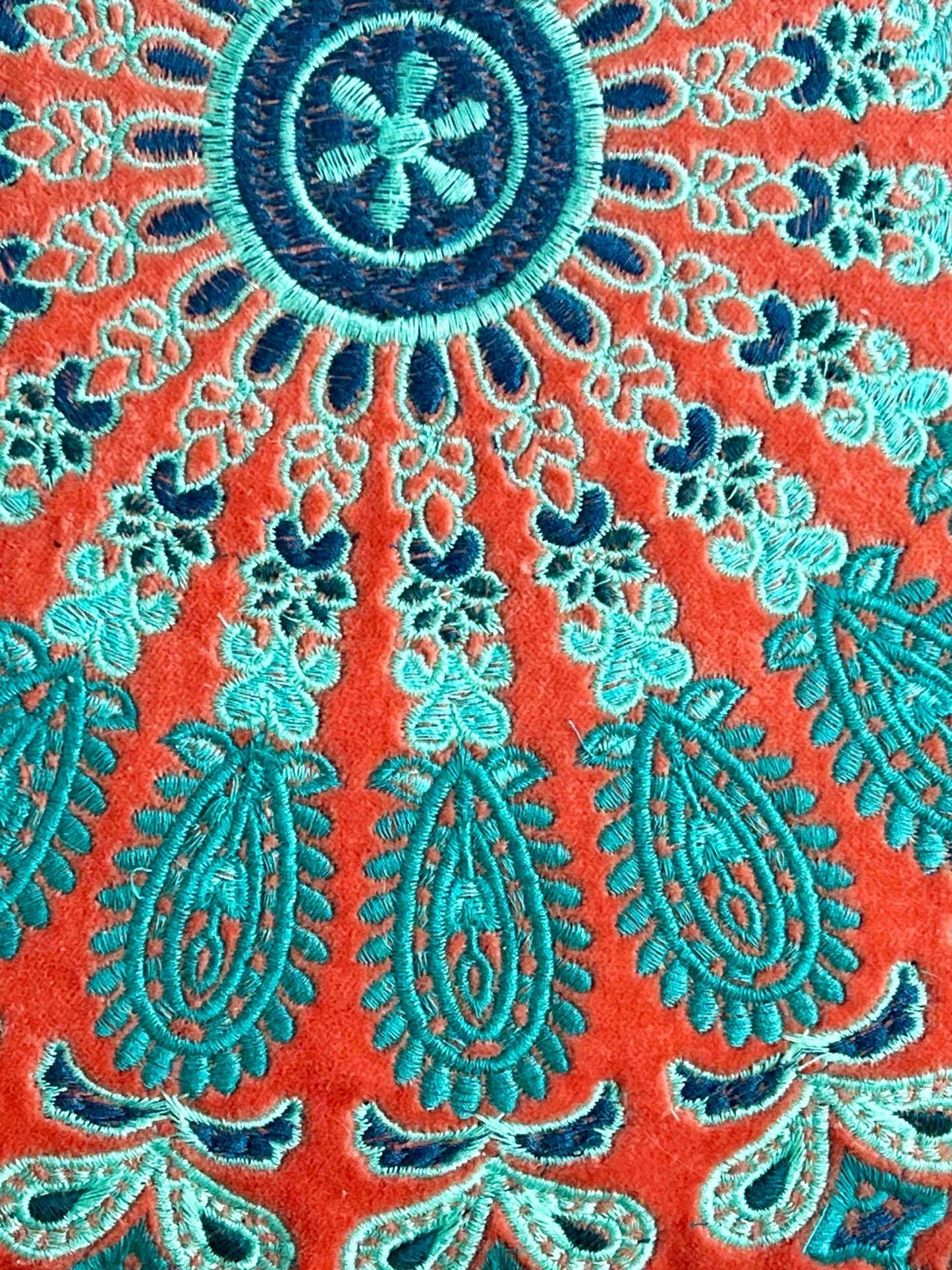Pair of Boho Accent Pillows Paisley Embroidered Velvet Orange and teal embroidery