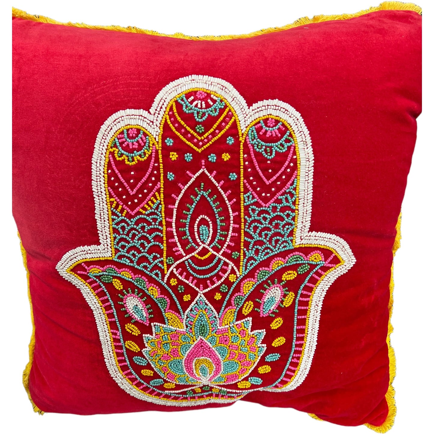 Radiant Retreat: Mandala Accent Pillow in Vivid Velvet Beaded Bohemian Colors