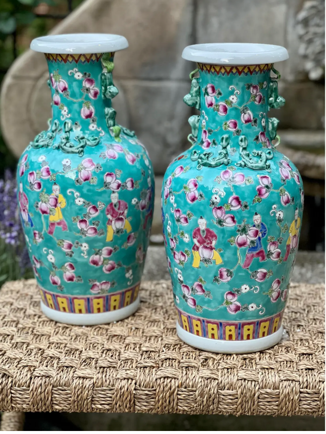 Pair of Hand-Painted Turquoise Porcelain Vases – Peaches Motif – Famille Rose Enamel – Jingdezhen
