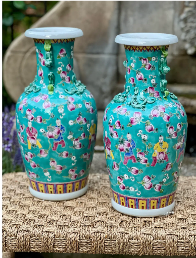 Pair of Hand-Painted Turquoise Porcelain Vases – Peaches Motif – Famille Rose Enamel – Jingdezhen