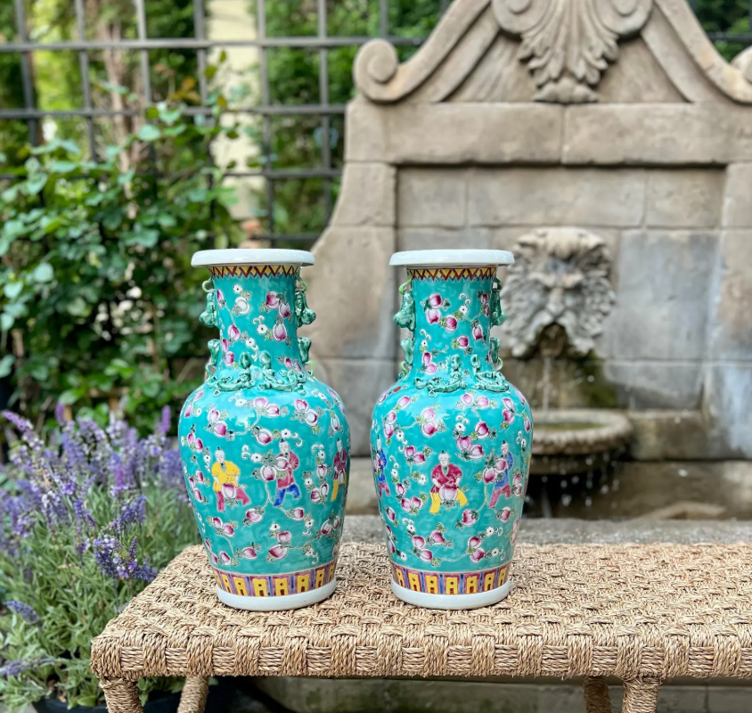 Pair of Hand-Painted Turquoise Porcelain Vases – Peaches Motif – Famille Rose Enamel – Jingdezhen