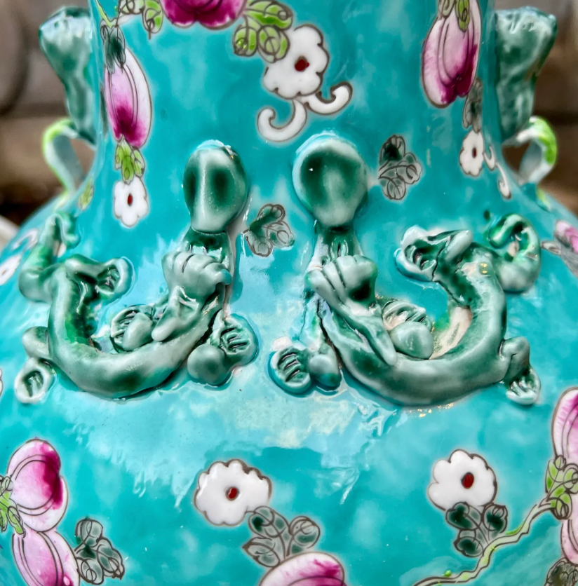Pair of Hand-Painted Turquoise Porcelain Vases – Peaches Motif – Famille Rose Enamel – Jingdezhen