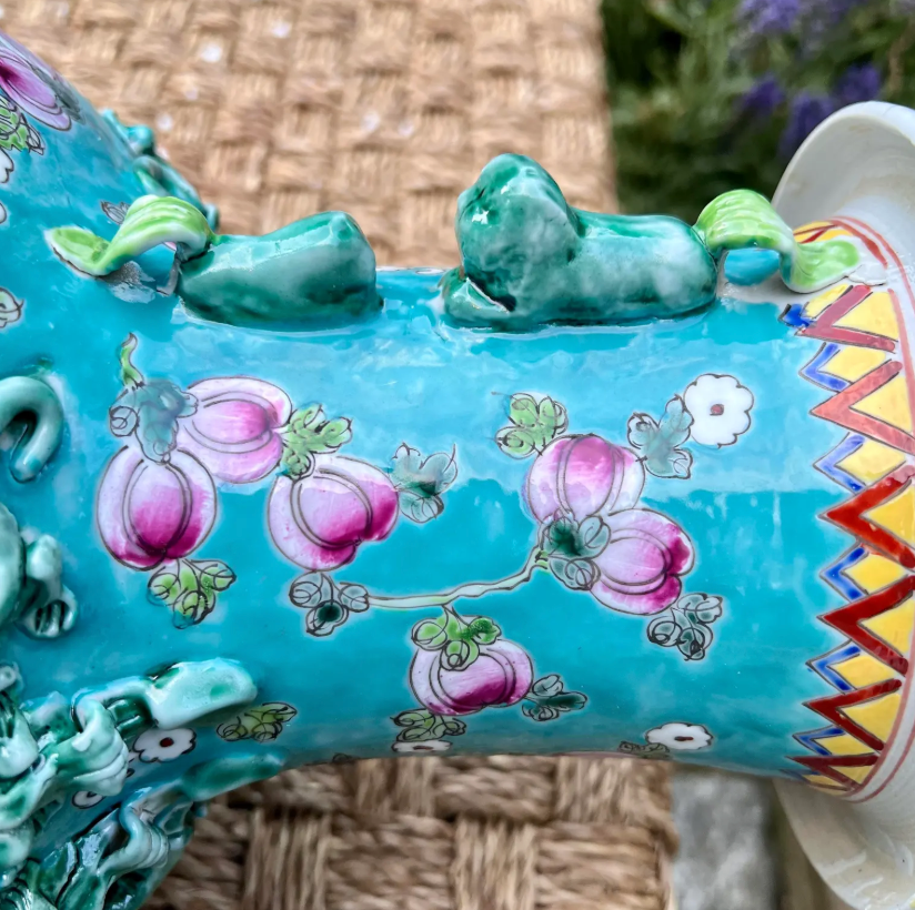 Pair of Hand-Painted Turquoise Porcelain Vases – Peaches Motif – Famille Rose Enamel – Jingdezhen