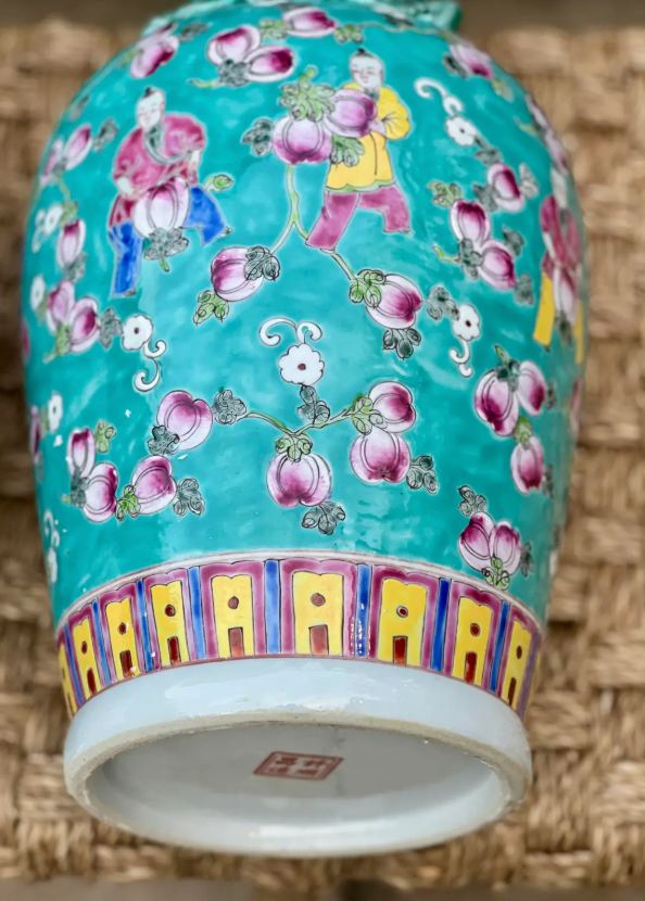 Pair of Hand-Painted Turquoise Porcelain Vases – Peaches Motif – Famille Rose Enamel – Jingdezhen