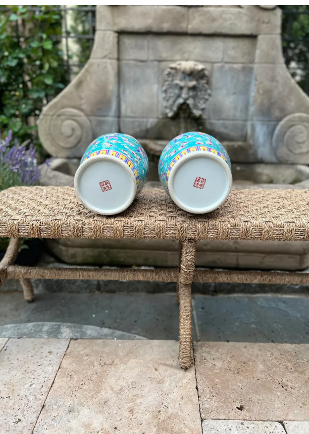 Pair of Hand-Painted Turquoise Porcelain Vases – Peaches Motif – Famille Rose Enamel – Jingdezhen