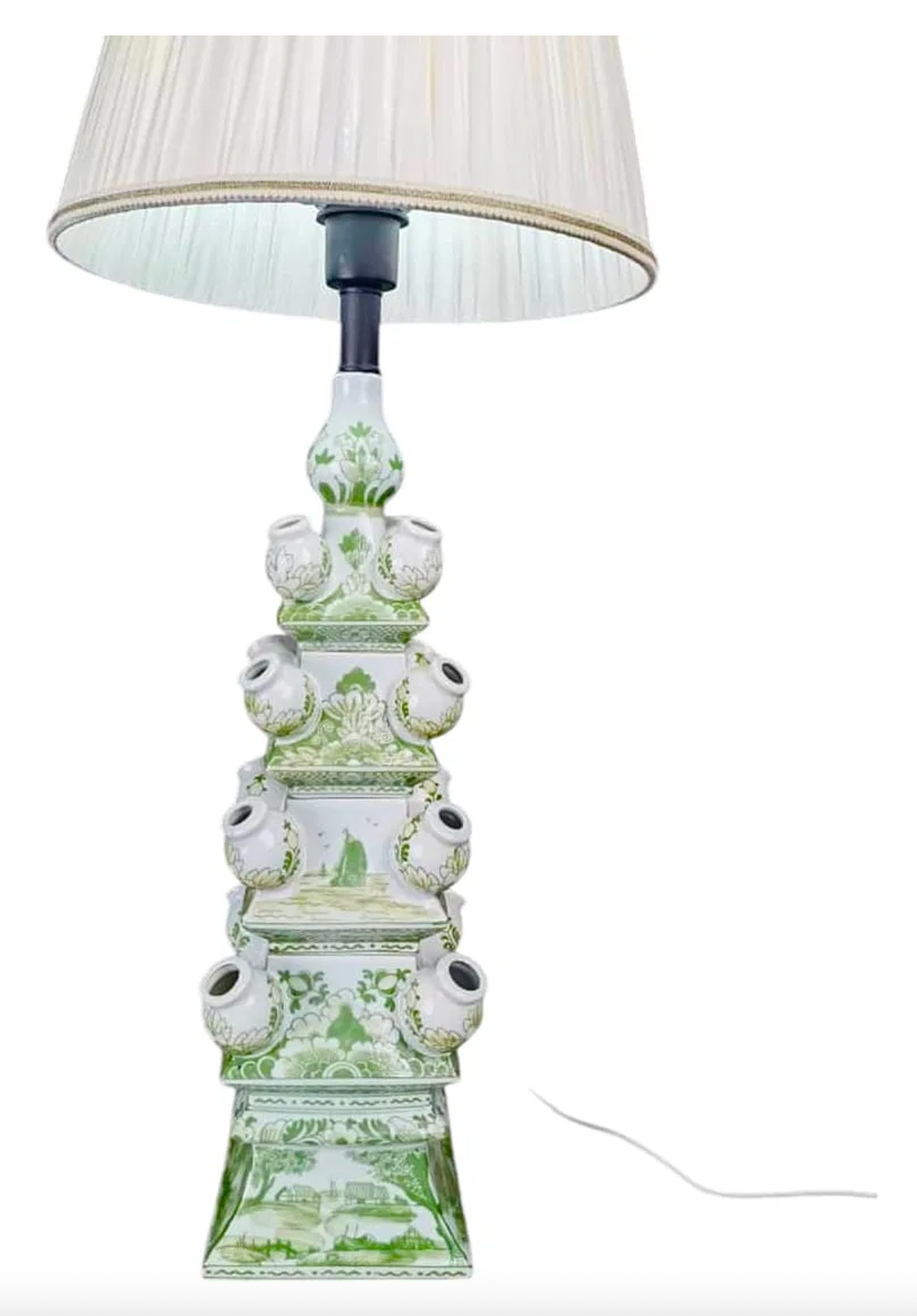 Pair of Hand-Painted Jingdezhen Porcelain Tulipiere Vase Lamps – Green and White