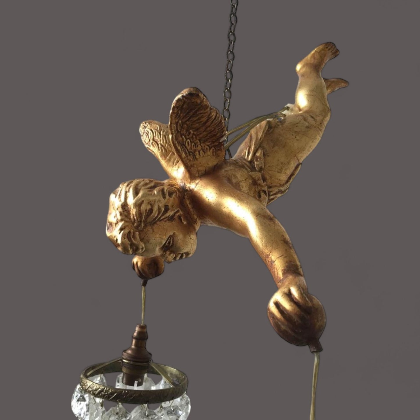 Vintage Gilt Cherub Double Crystal Chandelier