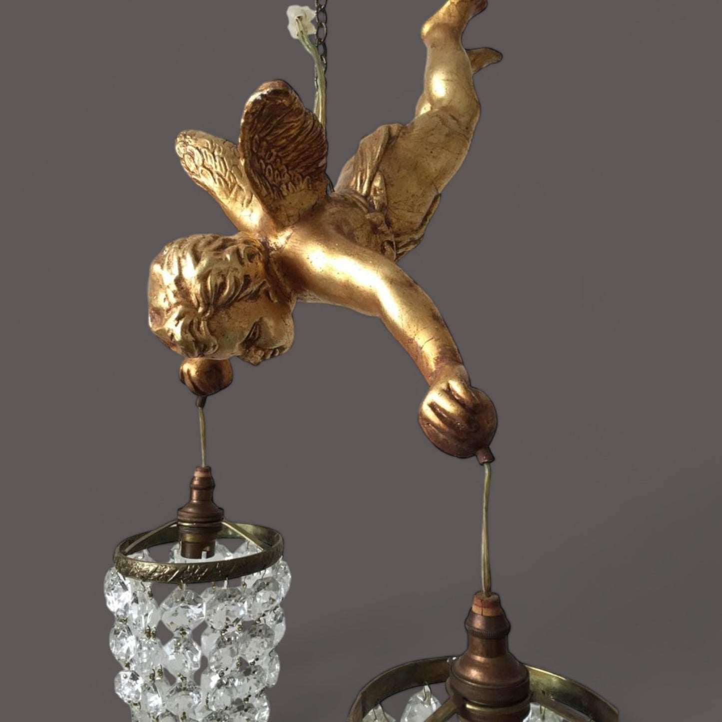 Vintage Gilt Cherub Double Crystal Chandelier