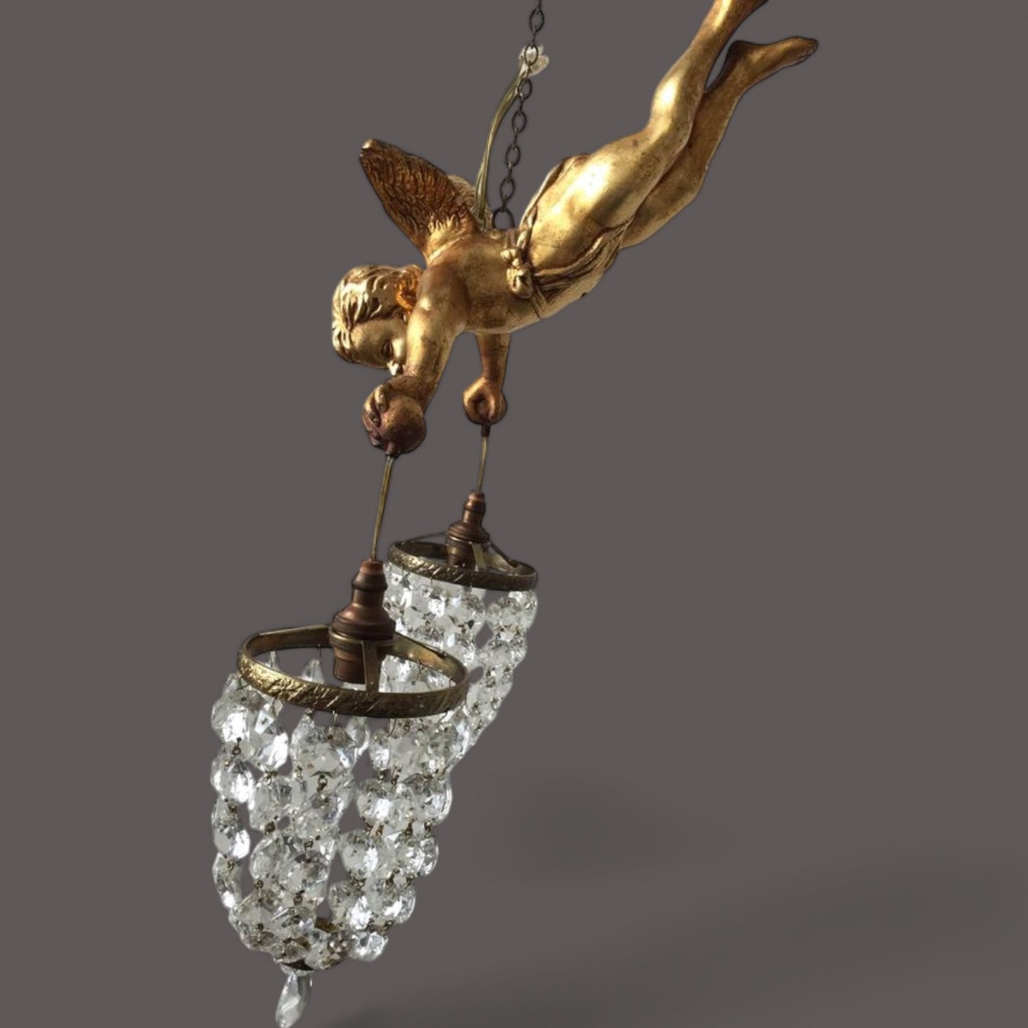 Vintage Gilt Cherub Double Crystal Chandelier