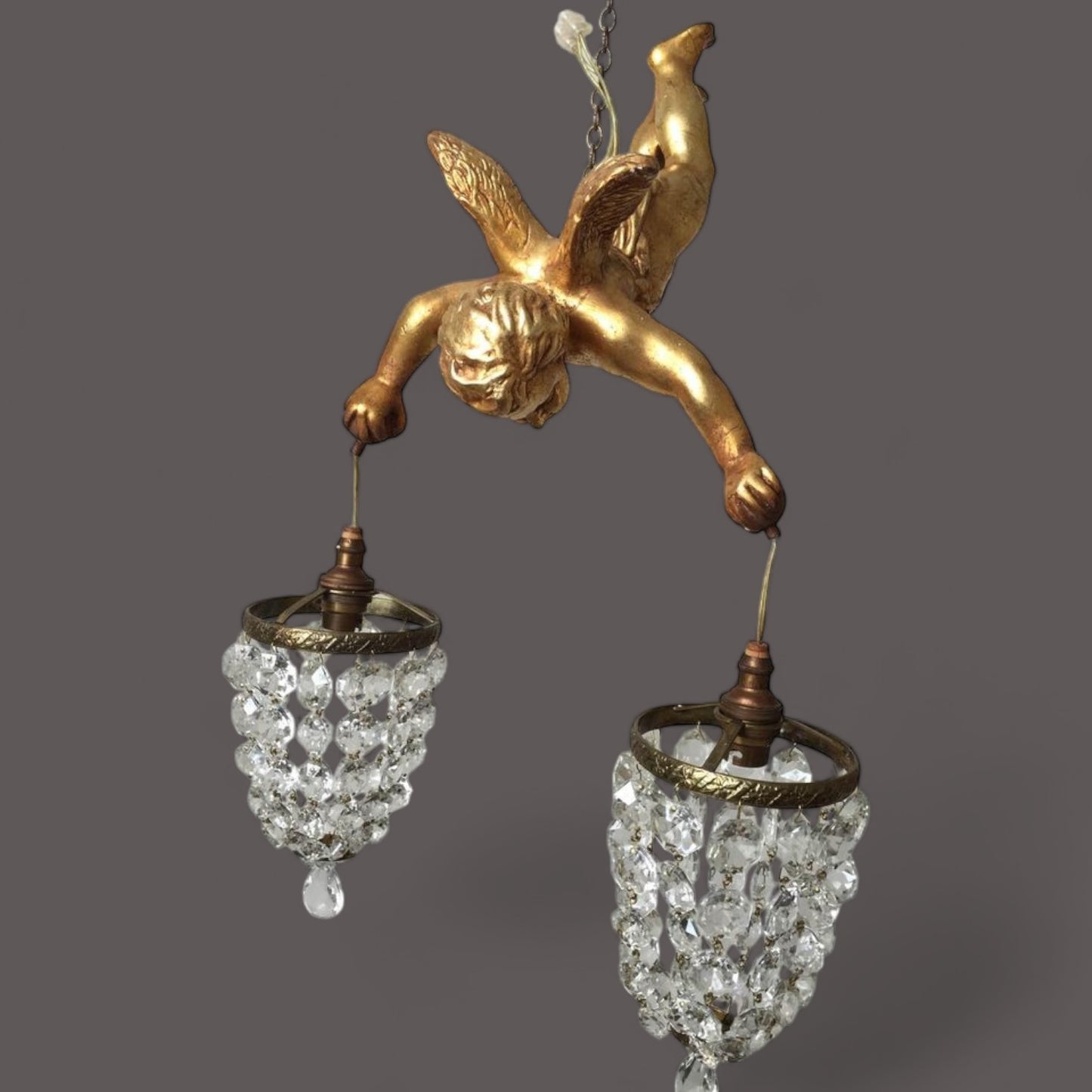 Vintage Gilt Cherub Double Crystal Chandelier
