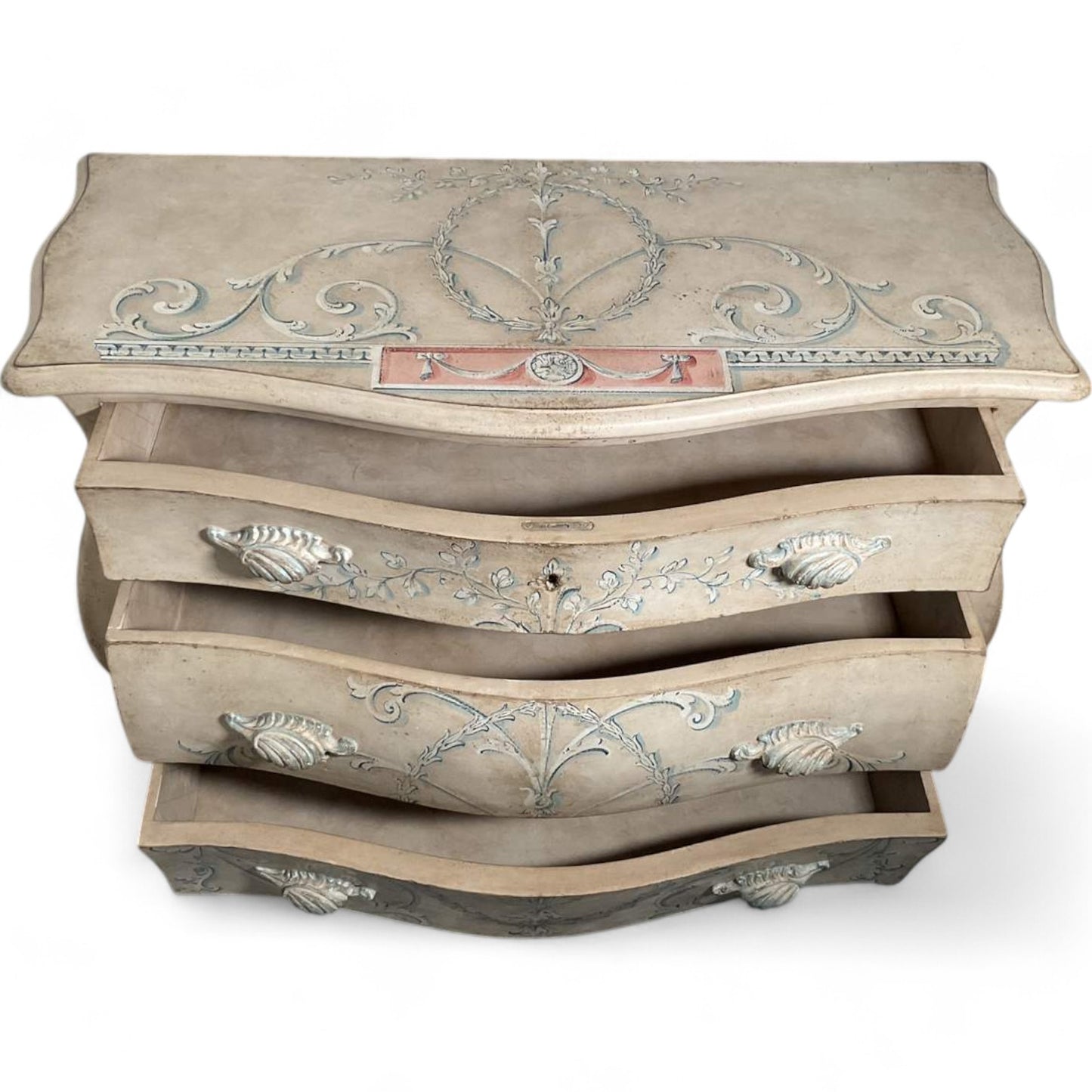 Elegant Hand-Painted Patina Veneto Bombe Chest – Timeless Artisan Craftsmanship