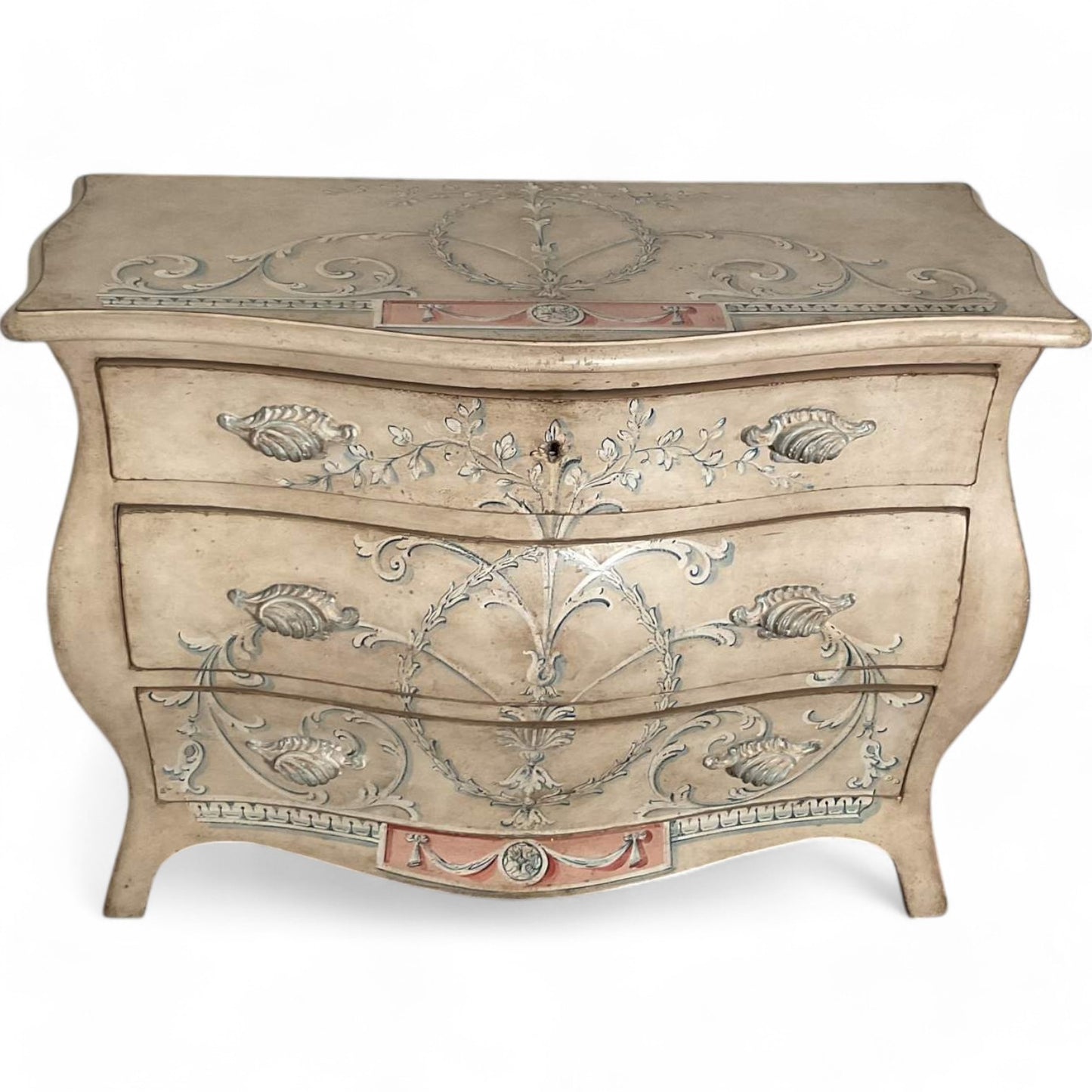 Elegant Hand-Painted Patina Veneto Bombe Chest – Timeless Artisan Craftsmanship
